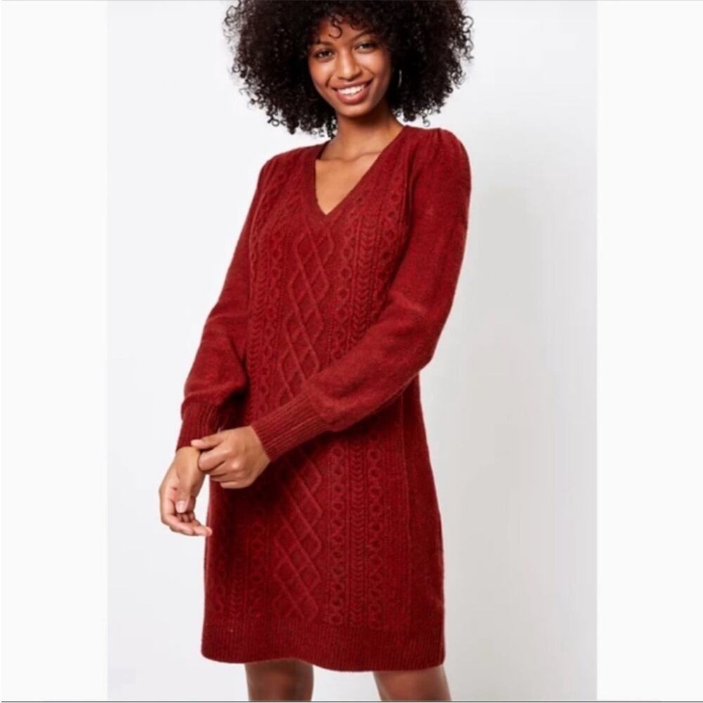 NWT Loft Rust Puff Sleeve Cable Knit Wool Sweater Dress S